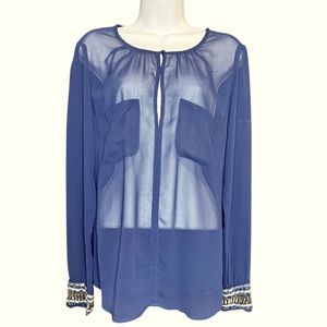 Carmen Marc Valvo Navy Blue Sheer Blouse with Embeveled Jeweled Sleeves. Size L